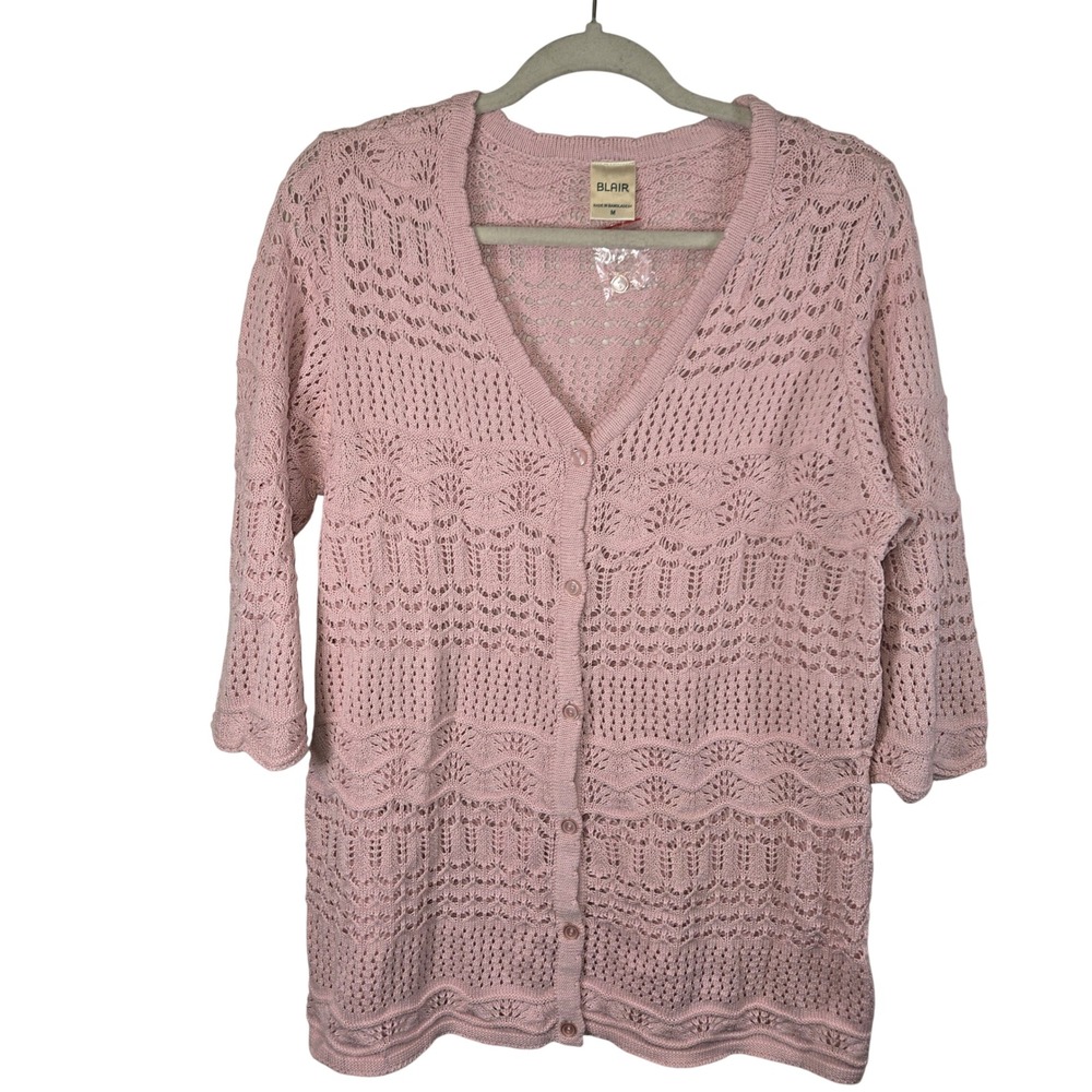 Blair Pink Pointelle Knit Cardigan Sweater 3/4 Sleeve Button Front Womens Medium